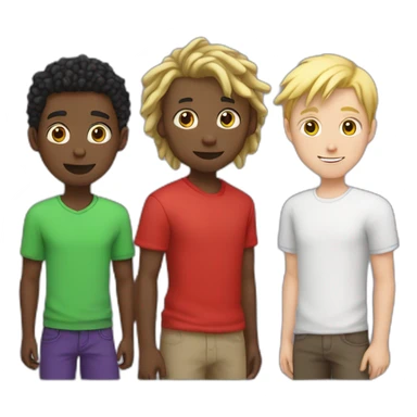 black boy in red shirt with short dreads next to a white boy in green shirt with short blonde hair, next to a white boy with brown hair, purple shirt sticker