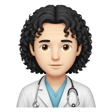 A young male slim doctor with long black curly hair hair which covered his forehead sticker
