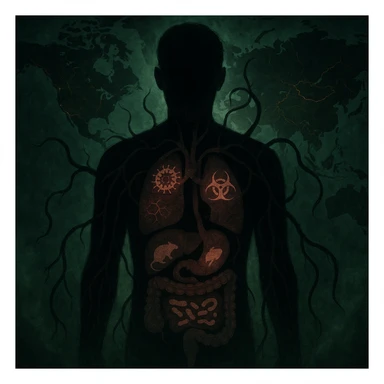 semi-realistic, moody style human silhouette, parasite tendrils reach organs, each organ with a faint disease symbol overlay, world map, glowing cracks, green mist sticker