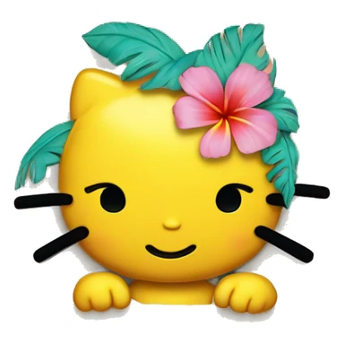 A yellow Hawaii hello kitty head that’s putting up a peace sign sticker