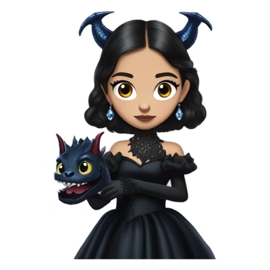 relaxed low-cut back silky black evening ball gown with lace gloves, Jenna Ortega as Addams woman wearing a mini diamond tiara, very large blood blue evil-looking horned old dragon hand puppet sticker