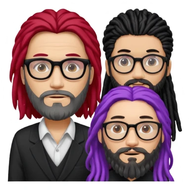 Man with long hair, glasses and Beard, next to man in black dreadlocks with red accent, woman in glasses with violet and black hair in the middle sticker