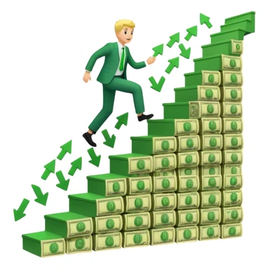 Emoji-style 3D illustration of a person climbing stairs made of money labeled “$10K” and “$20K”, with confetti and upward green arrows, bright optimistic lighting sticker