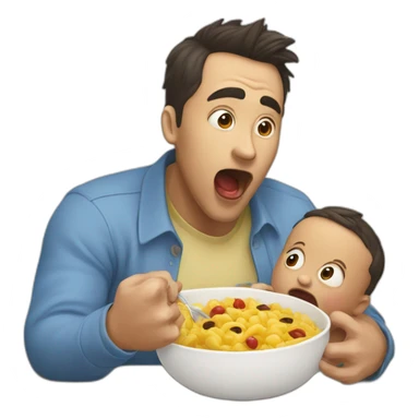 man with his mouth open as if he's about to eat something, facing a with a baby close to his mouth sticker