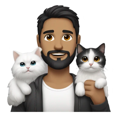 a spanish guy with a black earing and black short hair and black beard and holding a all white Siberian cat sticker