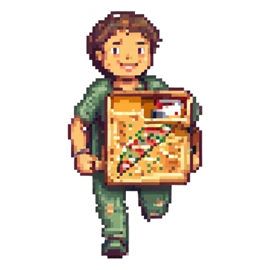 a man running with a pizza box in his hands, smiling, pixel art style sticker