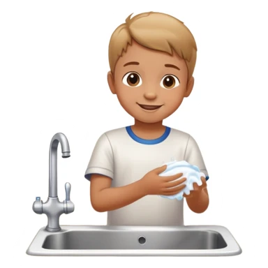 child washing hands at a sink, smiling, food on table in background sticker
