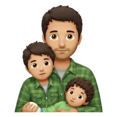 A father with messy medium-length dark hair and light stubble, wearing a green flannel shirt. He holds his child who has short curly brown hair and a cream-colored romper. Cozy warm lighting, authentic family moment. sticker