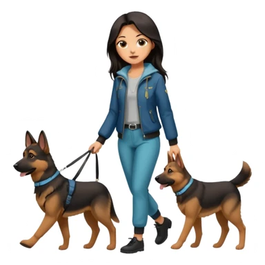 A girl with rather long brown-black hair is walking her German Shepherd. She's dressed very nicely in cute pants and a stylish jacket. sticker