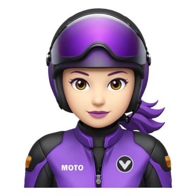 Créer un emoji avec une moto mt07 sport noir mate / violet iridescent très foncé, pare-brise de la moto violet. Avec une femme pilote dessus, visage caché’ par la visière violette, visière cachant tout le visage .Avec en arrière plan cercle violet. sticker