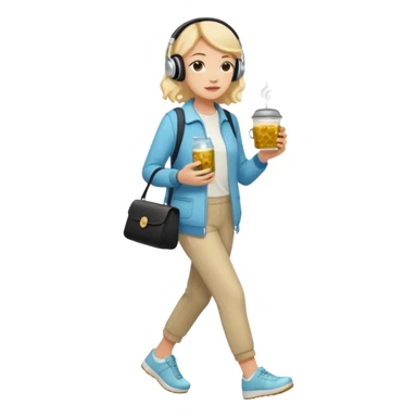 a young woman full length walks with headphones on with a caviar sandwich in one hand and herbal tea in the other hand sticker