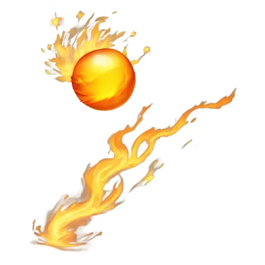 A glowing, spinning orb of fire, with orange and yellow flames swirling around it, leaving a trail of heat and sparks as it flies toward a target. sticker