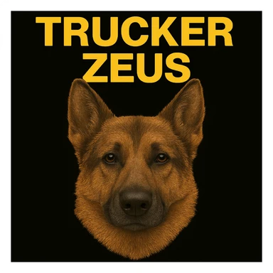Apply maximum compression to reduce file size as much as possible while keeping transparency, realistic German Shepherd, and yellow 'Trucker Zeus' text. sticker