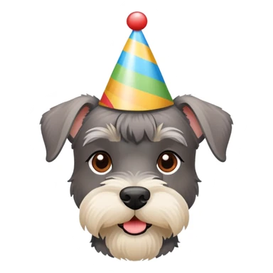 A schnauzer dog wearing a colorful birthday hat sticker