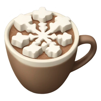 A cup of hot chocolate in a textured cream colored mug with snowflake shaped marshmallows on top sticker