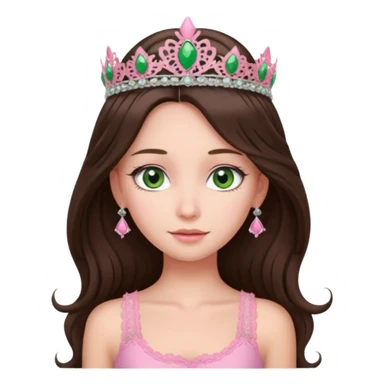 super long haired brunette with middle part cute pink lacy tank with a pink tiara on head, white but with a little bit of tan green eyes  sticker