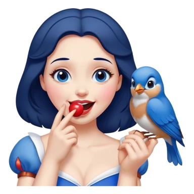 Cinematic Adorable Snow White Portrait Emoji, Giggling as a bluebird perches on her finger, cheeks rosy with joy, bright expressive eyes full of wonder, her innocence and beauty blending into a heartwarming moment! sticker