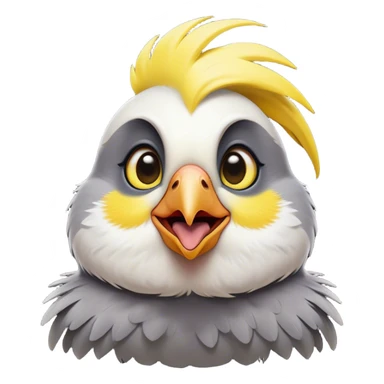 Cinematic Comical Cockatiel Portrait Emoji, Head tilted dramatically with an exaggeratedly amused expression, featuring a striking grey fur with bold yellow accents and a flamboyant crest, wide, expressive dark eyes filled with playful disbelief, Simplified yet hilariously expressive features, highly detailed, glowing with a slightly sassy glow, high shine, dramatic yet playful, stylized with an air of cheeky mischief, bright and endearing, soft glowing outline, capturing the essence of a spirited and over-the-top cockatiel, so meme-worthy it feels like it could side-eye its way into internet fame instantly! sticker