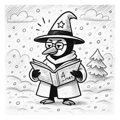Add a snowy background behind the hand-drawn doodle penguin wizard, keeping the hand-drawn doodle style with sketchy lines and playful details. sticker