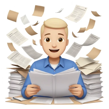 A person with a happy excited face but also looking stressed and overwhelmed, papers flying everywhere, surrounded by work items, half celebrating success and half panicking about deadlines sticker