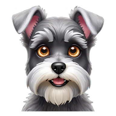 Cinematic Comical Miniature Schnauzer Portrait Emoji, Head tilted dramatically with a comically shocked expression and large, animated eyes, featuring a sharply defined salt-and-pepper fur with exaggerated, humorous eyebrows, simplified yet hilariously detailed, glowing with a bold, playful radiance, high shine, exuding a spirited and cheeky charm, styled with a soft glowing outline, capturing the essence of a Miniature Schnauzer that appears ready to dash into a burst of comic energy! sticker