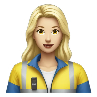 Ikea coworker blond woman blue stripes t-shirt and yellow security vest scanning palets sticker