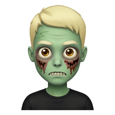 Faça um emoji de um garoto zumbi de cabelos pretos curtos com mechas loiras e com uma camisa preta de mangas compridas. sticker