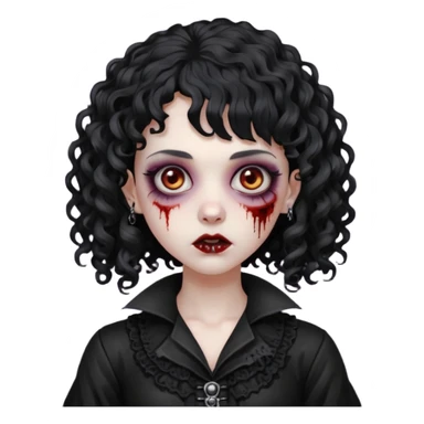 Faça uma mulher zumbi com o cabelo cacheado médio, e uma franja cacheada, cabelo preto e deixe ela meio gótica. sticker