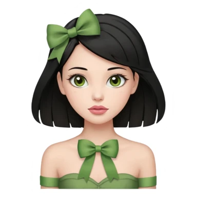 The woman has long black hair with green ribbon bows, light brown eyes, fair skin, and a heart-shaped face. She wears soft makeup, a muted rose lip, and a strapless olive green top. sticker