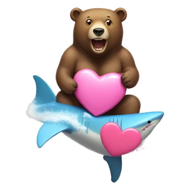 A bear holding a pink heart surfing on a shark in the ocean sticker