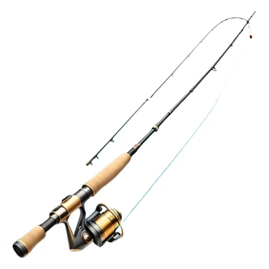 Cinematic Realistic Fishing Rod, sleek graphite rod with a smooth, polished reel, thin line disappearing into a shimmering lake, warm golden sunlight reflecting off the water, glowing with a tranquil and adventurous aura. sticker