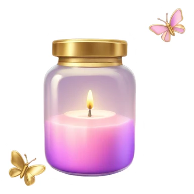A glowing pastel pink candle in a glass jar with gold accents, next to a violet butterfly. sticker
