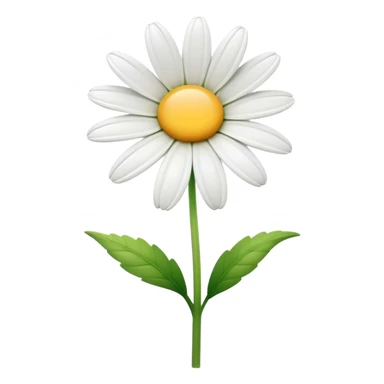 Cinematic Realistic Daisy Emoji, Cheerful and pure, with bright white petals surrounding a sunny yellow center, standing proudly atop a slender green stem. The soft, vibrant petals seem to radiate positivity, while a few green leaves frame the delicate flower. Soft glowing outline, capturing the essence of simplicity, innocence, and happiness in a single daisy. sticker