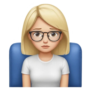 A young blond woman with glasses sittingvon the couch and having the blues sticker