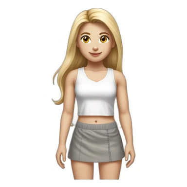 hyperrealist caucasian girl, long straight blonde hair, white v-neck laced crop tanktop, grey tight mini skirt, sneakers, facing camera sticker