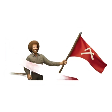 bob ross painting with a background of a hammer and sickle red flag sticker