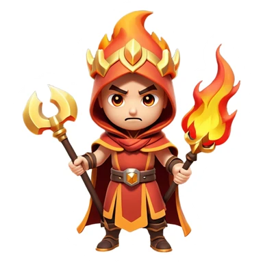 Clash of Clans aesthetic: Cinematic Ferocious Fire Mage Hero Emoji, rendered in a 3D vector-style similar to standard emojis with minimal shading and bold, simplified shapes. A compact, isometric figure draped in flowing, charred and ember-lined robes, wielding a fiery staff crackling with intense flames. Eyes burning with an infernal glow, exuding raw, untamed power. Simplified yet unmistakably iconic, highly detailed and consistent, glowing with a fiery, molten radiance and high shine. Stylized with a touch of menacing sorcery and a searing, ember-infused outline, capturing the essence of a wrathful mage ready to unleash devastating fire magic! sticker