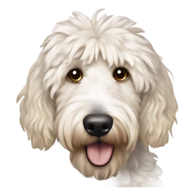 Shaggy large White Goldendoodle with Mohawk and  with tan on ears eating birthday cake  sticker