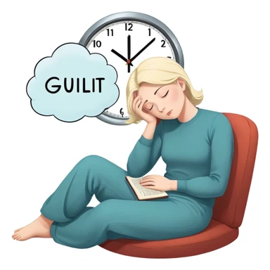 A person sits with their hands gently resting on their lap, eyes closed, exhaling slowly. Above them, a swirling thought bubble holds the words guilt and discomfort, but they don’t push it away—they just sit with it. In the background, a clock ticks softly, symbolizing the pause before responding. = sticker