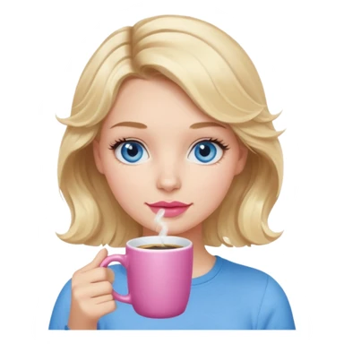 Girl Blonde short wavy hair,  blue eyes, cute blue top, long lashes, pink lips, holding white hot coffee mug sticker