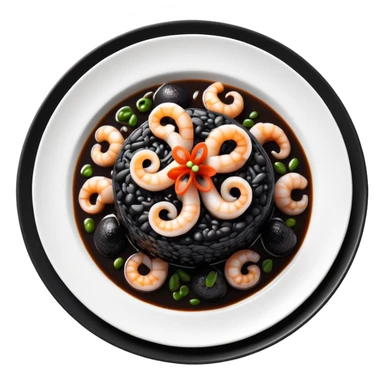 cinematic-realistic-black-risotto-dish-emoji,-showcasing-small squid pieces in black sauce -rendered-with-bold-textures-and-dynamic,-dramatic-lighting. sticker