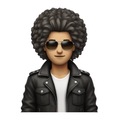 Big hair straight, white face colour, slender face, eyes look like as he’s high, cool leather jacket with cargo pants and accessories sticker