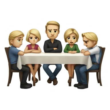 6 Caucasian people sitting around a table looking unhappy sticker