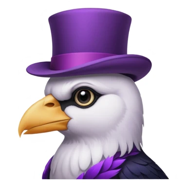 a white crow emoji with a frown and a purple top hat sticker