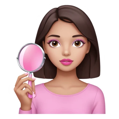 A dark brown hair beautiful eyes medium skin tone of girl carrying a pink mirror to her self and have lip stick on one of her hand look like pink pastel the packaging similar to Rhode lip  sticker