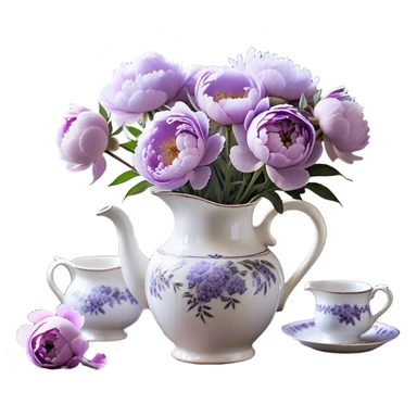 A vintage porcelain pitcher, adorned with fading lavender motifs, overflows with pastel purple peonies in various stages of bloom. Some petals, light as morning mist, curl gently at the edges, while others remain tightly wrapped, hinting at the promise of unfolding beauty. A few fallen blossoms rest beside the pitcher on an aged wooden table, their presence a fleeting echo of nature’s transient charm. Soft, diffused light filters through a lace-curtained window, lending the scene a nostalgic, dreamlike atmosphere." sticker