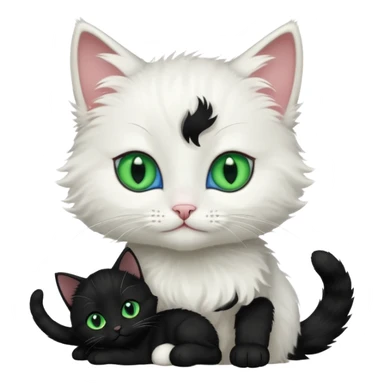 Black cat with green eyes cuddling next to small white kitten with blue eyes  sticker