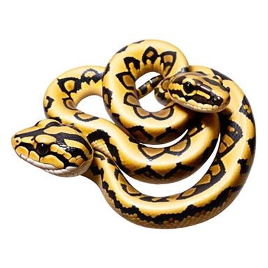 A photo-realistic top-down view of a Ball Python gently coiled into a tight spiral, with its head resting peacefully at the center. Its scales are warm brown with bold, irregular black markings, including the distinctive “alien-head” pattern, flowing smoothly along its body.  sticker
