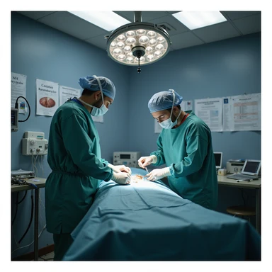 realistic or semi-realistic style, operating room scene with cardiologist inserting coronary stent, hospital billing display showing $30,000, wall with NIH research papers highlighting equal effectiveness of medical therapy, critical and metaphorical sticker