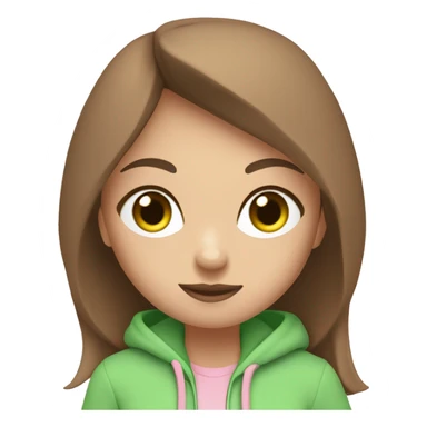 a girl with brown long hair, fair skin, green eyes, is working relaxed at a modern laptop in a monochrome pale pink zip hoodie with a hood and a pink monochrome T-shirt sticker